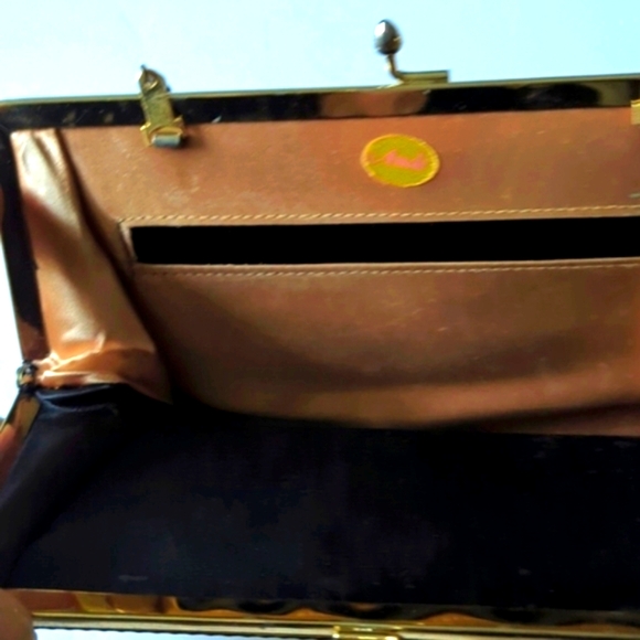 Vintage Black Satin Ande Clutch Purse Gold Embellishments across Top & Snap - Picture 6 of 8